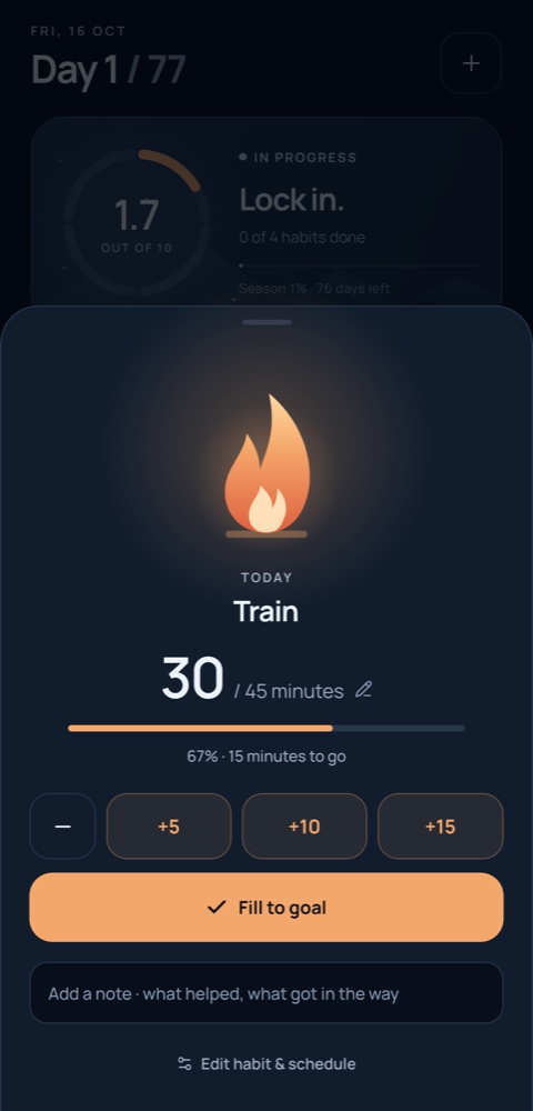 Winter Arc logging sheet: a growing flame illustration, 30 of 45 minutes logged, quick-add buttons for 5, 10 and 15 minutes, and a Fill to goal button.